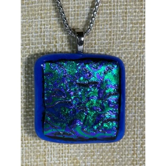 Handcrafted Fused Dichroic Glass Pendant and Chain - Picture 1 of 4